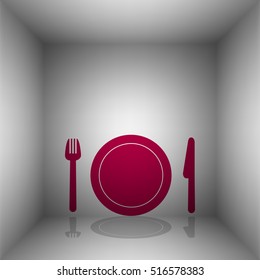 Fork, plate and knife. Bordo icon with shadow in the room.