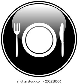 Fork, plate and knife button isolated on white background. Vector illustration.