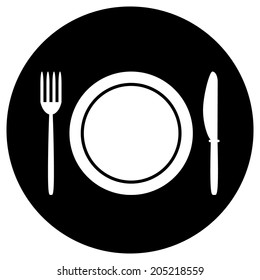 Fork, plate and knife button isolated on white background. Vector illustration.