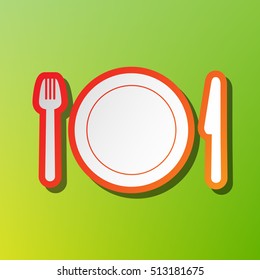 Fork, plate and knife. Contrast icon with reddish stroke on green backgound.