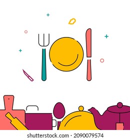 Fork, plate, knife filled line vector icon, simple illustration, related bottom border.