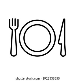 Fork, plate and knife flat icon. Pictogram for web. Line stroke. Isolated on white background. Vector eps10