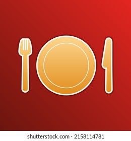 Horquilla, plato y cuchillo. Icono de gradiente dorado con contornos sobre fondo recto. Ilustración.