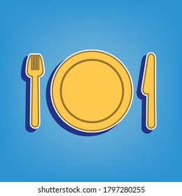 Fork, plate and knife. Golden Icon with White Contour at light blue Background. Illustration.