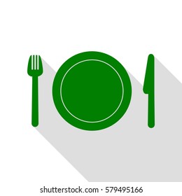 Fork, plate and knife. Green icon with flat style shadow path.