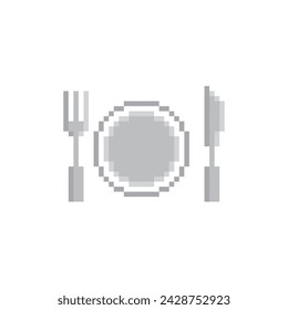 icono de cuchillo de placa de tenedor 8 bit, icono de utensilios de cocina pixel art para el logotipo del juego.