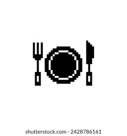 fork plate knife icon 8 bit, pixel art  kitchen utensils  icon  for game  logo.