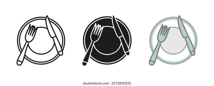 Fork, plate and knife icon. Kitchen utensil vector illustration. Eatery tableware symbol. Dinner menu. Cutlery sign. Breakfast cafe serving. Diet pictogram. Cooking food isolated concept.