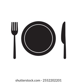 Gabel-, Teller- und Messersymbol als Vektor. Restaurantsymbol