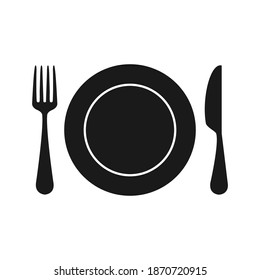 Fork, plate and knife isolated vector illustration. Cooking tools silhouette.