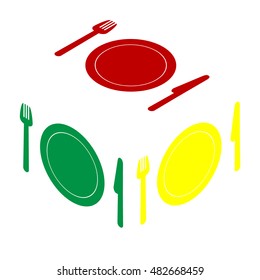 Fork, plate and knife. Isometric style of red, green and yellow icon.