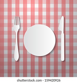 Fork, Plate and Knife Made from Paper on Tablecloth