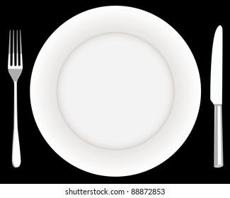 fork plate and knife on a black background