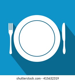 Fork, plate and knife on blue background