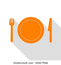 Fork, plate and knife. Orange icon with flat style shadow path.