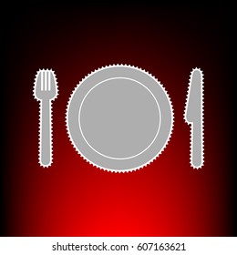 Fork, plate and knife. Postage stamp or old photo style on red-black gradient background.