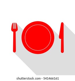 Fork, plate and knife. Red icon with flat style shadow path.