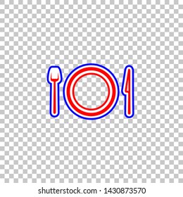 Fork, plate and knife. Red, white and contour icon at transparent background. Illustration.