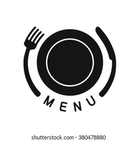 Fork, plate and knife, round dish emblem for menu, vector icon