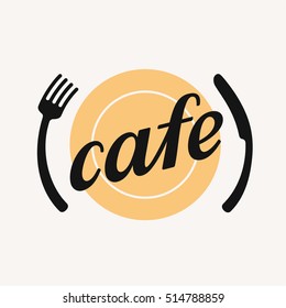 Fork, plate and knife, round dish emblem for cafe, vector icon
