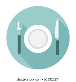 Fork, Plate And Knife With Shadow Flat Icon Vector Illustration.