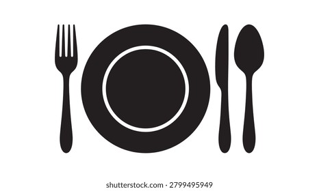 Fork plate knife and spoon arrangement black silhouette