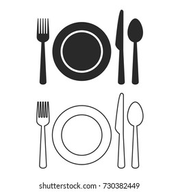 Fork, Plate, Knife, Spoon Icon Vector Set. Outline Vector