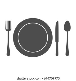 Fork, plate, knife, spoon. Restaurant icon. Monochrome illustration.