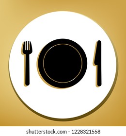 Fork, plate and knife. Vector. Black icon with light brown shadow in white circle with shaped ring at golden background.