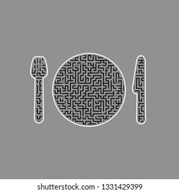 Fork, plate and knife. Vector. Black maze filled icon with white border at gray background.