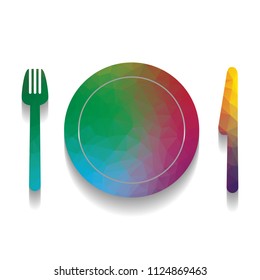 Fork, plate and knife. Vector. Colorful icon with bright texture of mosaic with soft shadow on white background. Isolated.