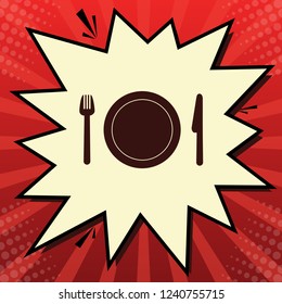 Fork, plate and knife. Vector. Dark red icon in lemon chiffon shutter bubble at red popart background with rays.