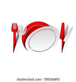 Fork, plate and knife. Vector. Detachable paper icon with red body stock. Isolated.