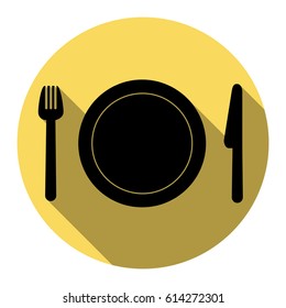 Fork, plate and knife. Vector. Flat black icon with flat shadow on royal yellow circle with white background. Isolated.