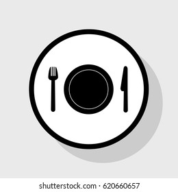 Fork, plate and knife. Vector. Flat black icon in white circle with shadow at gray background.