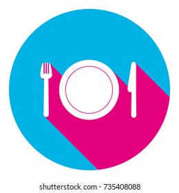 Fork, plate and knife. Vector. Flat white icon with mexican pink shadow inside sky blue(S and G) circle at white background. Isolated. Trend colors in 2017.