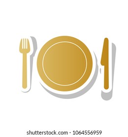 Fork, plate and knife. Vector. Golden gradient icon with white contour and rotated gray shadow at white background.