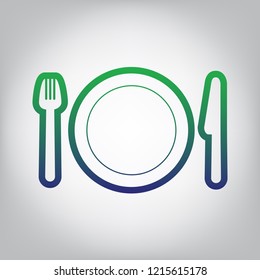 Fork, plate and knife. Vector. Green to blue gradient contour icon at grayish background with light in center.