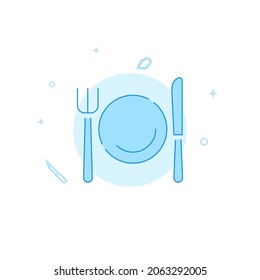 Fork, plate, knife vector icon. Kitchen utensil. Flat illustration. Filled line style. Blue monochrome design. Editable stroke. Adjust line weight.