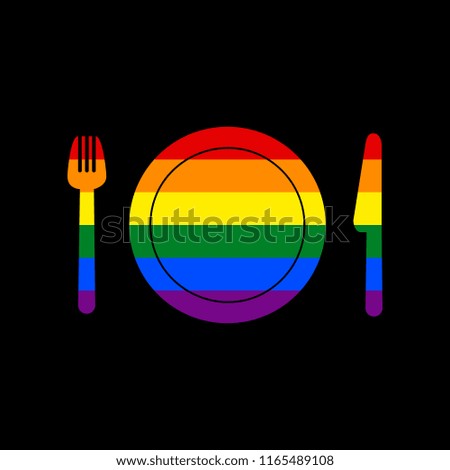 Fork, plate and knife. Vector. Icon with colors of LGBT flag at black background.