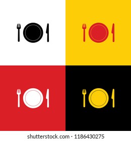 Fork, plate and knife. Vector. Icons of german flag on corresponding colors as background.
