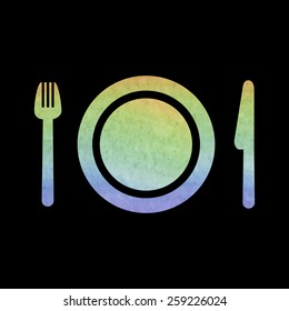 Fork, plate and knife vector illustration. Cutlery. Watercolor effect
