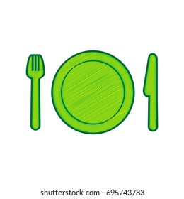 Fork, plate and knife. Vector. Lemon scribble icon on white background. Isolated