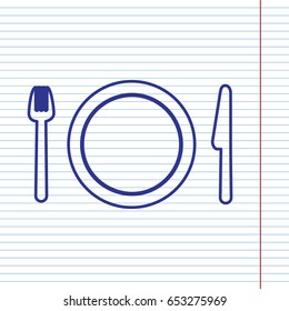 Fork, plate and knife. Vector. Navy line icon on notebook paper as background with red line for field.