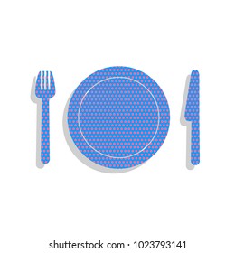 Fork, plate and knife. Vector. Neon blue icon with cyclamen polka dots pattern with light gray shadow on white background. Isolated.