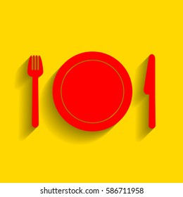 Fork, plate and knife. Vector. Red icon with soft shadow on golden background.