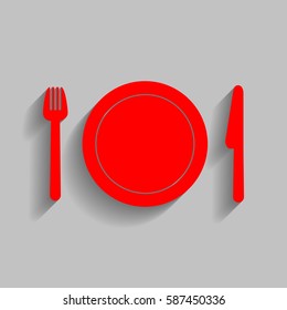 Fork, plate and knife. Vector. Red icon with soft shadow on gray background.