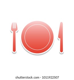 Fork, plate and knife. Vector. Reddish icon with white and gray shadow on white background. Isolated.