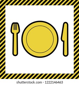Fork, plate and knife. Vector. Warm yellow icon with black contour in frame named as under construction at white background. Isolated.