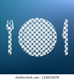 Fork, plate and knife. Vector. White textured icon at lapis lazuli gradient background.